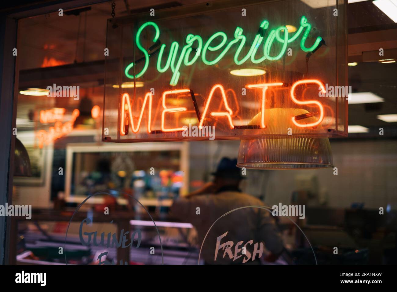 A closeup of a Superior meats neon sign. Dublin, Ireland. Stock Photo