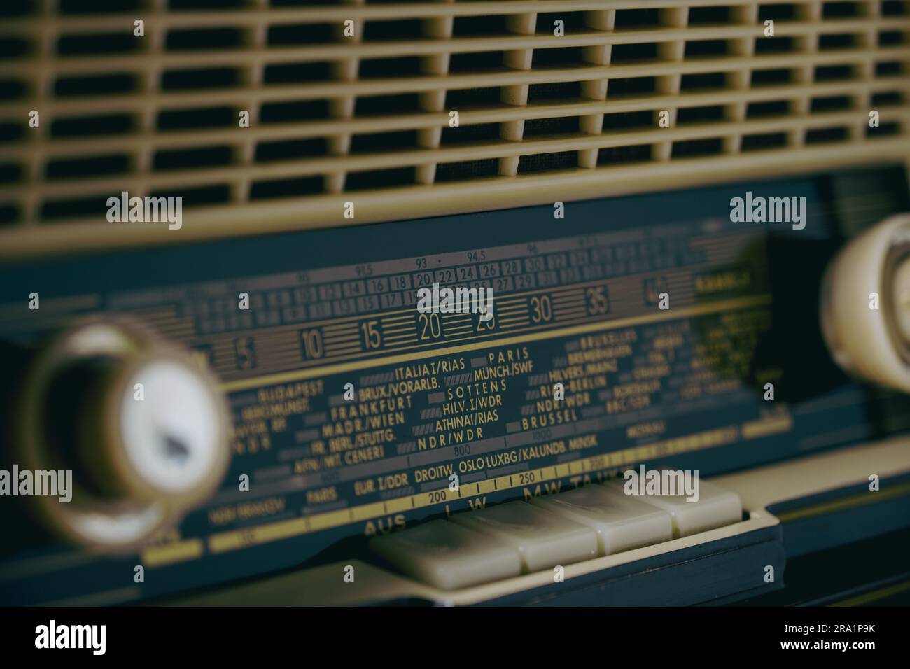Closeup shot of an ancient transistor radio from the 60s, visible the