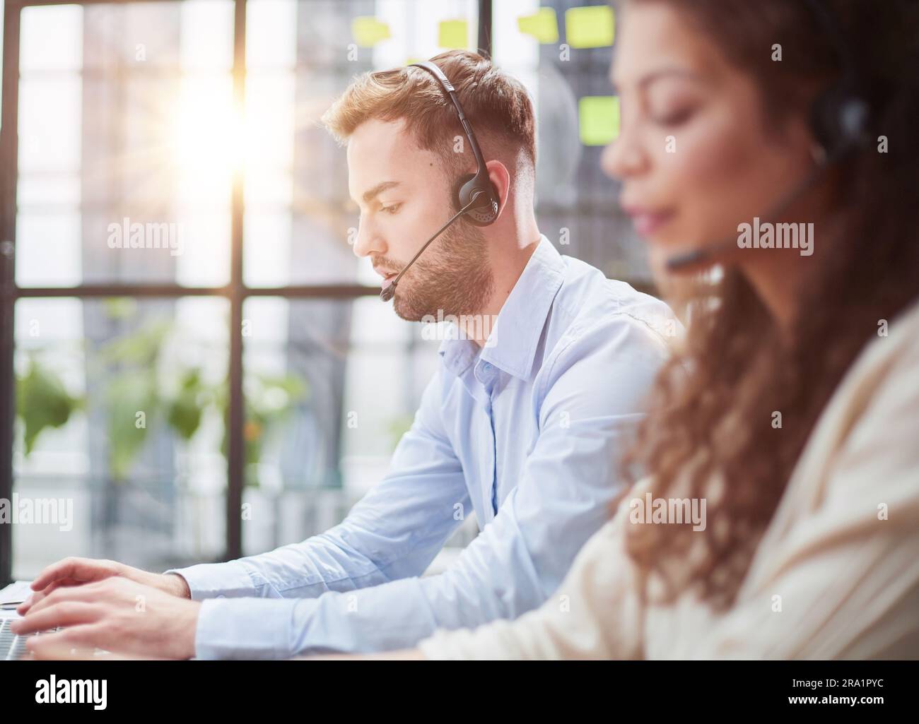 laptop talk by video call, helpline employee and pleasant chat to client remotely, distance webinar online teaching concept Stock Photo