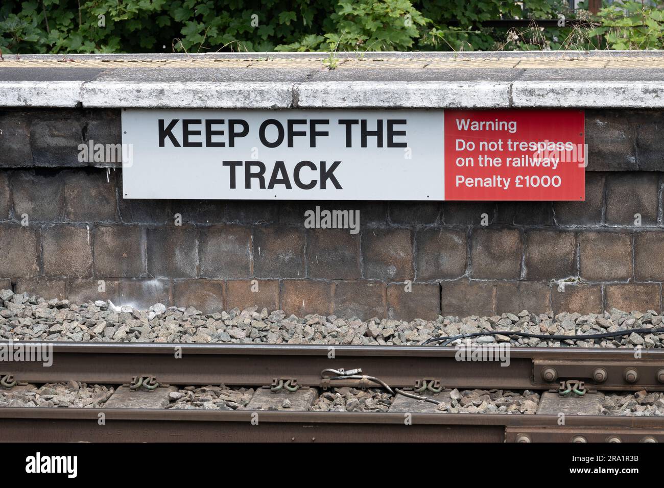 Keep off the track sign, Leamington Spa station, Warwickshire, UK Stock Photo