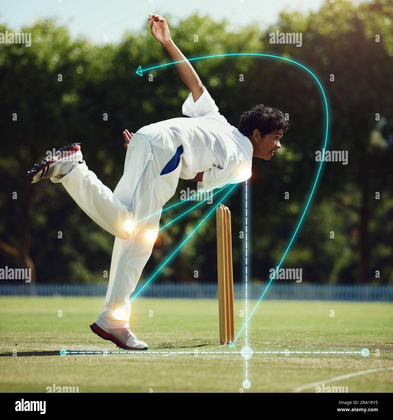 Cricket bowling, man and field on grass with overlay, science and mechanics for speed, sport and technique for contest. Indian guy, mathematics or Stock Photo