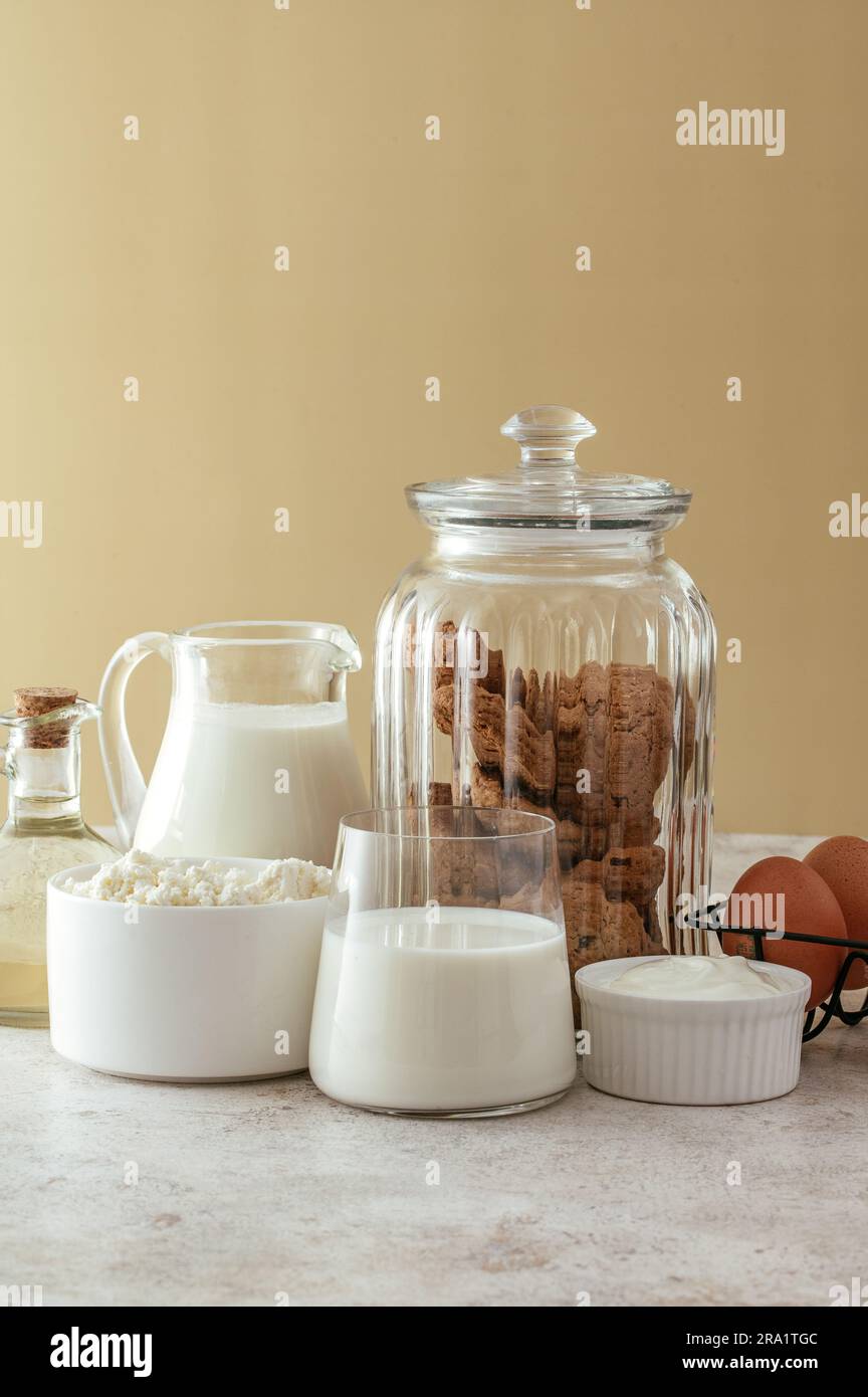 ingredients for making cottage cheese cookies Stock Photo