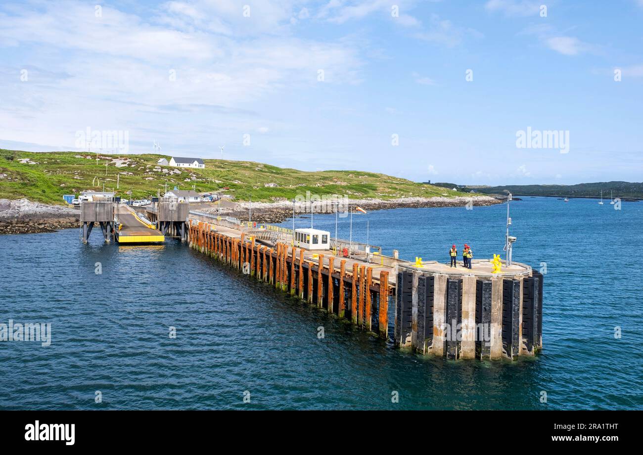 View of the pier at Arinagour, Isle of Coll, Scotland Stock Photo