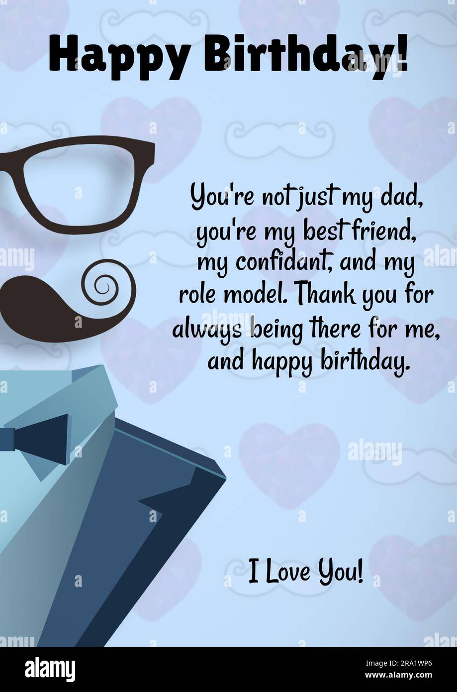 Composition of happy birthday dad text over moustache and glasses