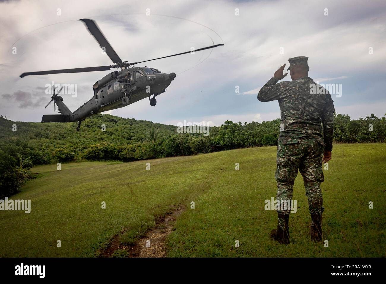 A Philippine Air Force Black Hawk helicopter lands Thursday, June 29