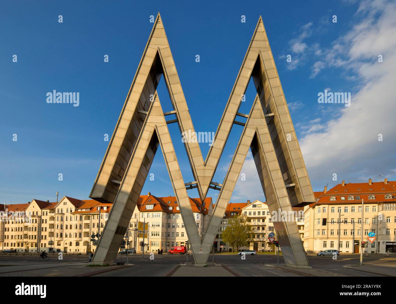 double M as the trademark of the Leipzig Trade Fair, at the north gate of the old trade fair grounds, Germany, Saxony, Leipzig Stock Photo