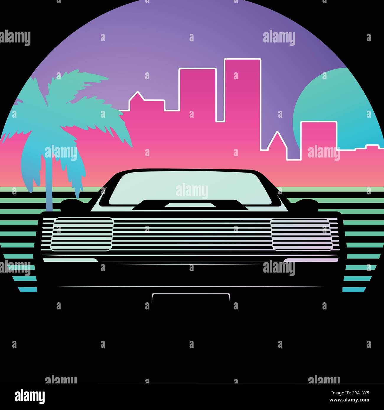 Retro-style 1980's illustration of a sports car, vibrant pink 80's style city skyline in background. Stock Vector