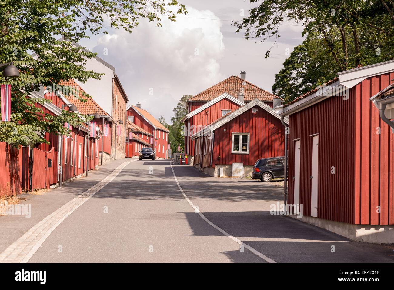 Street view in Moss, Norway with typical red scandinavian houses