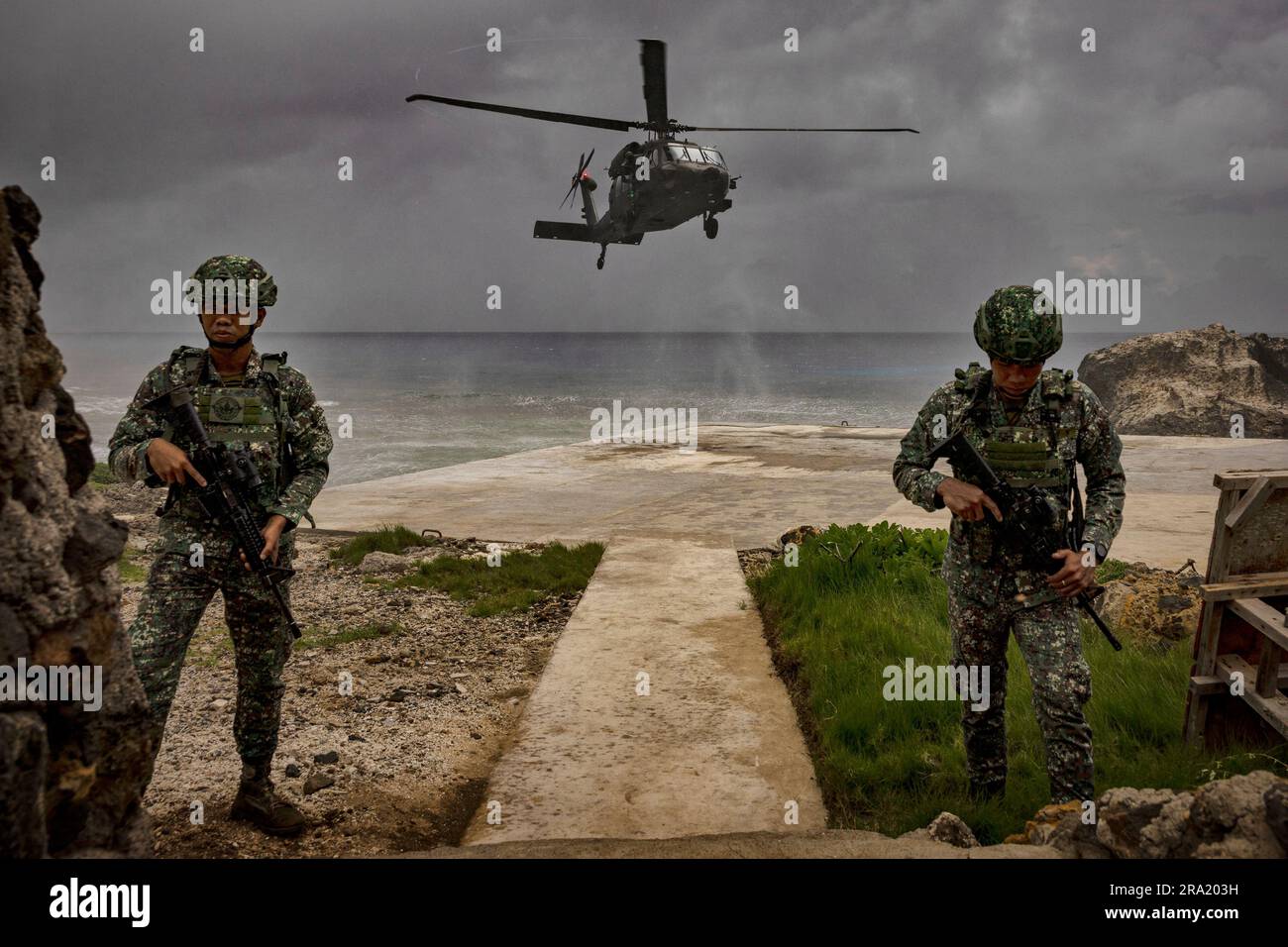 A Philippine Air Force Black Hawk helicopter lands on Thursday, June 29