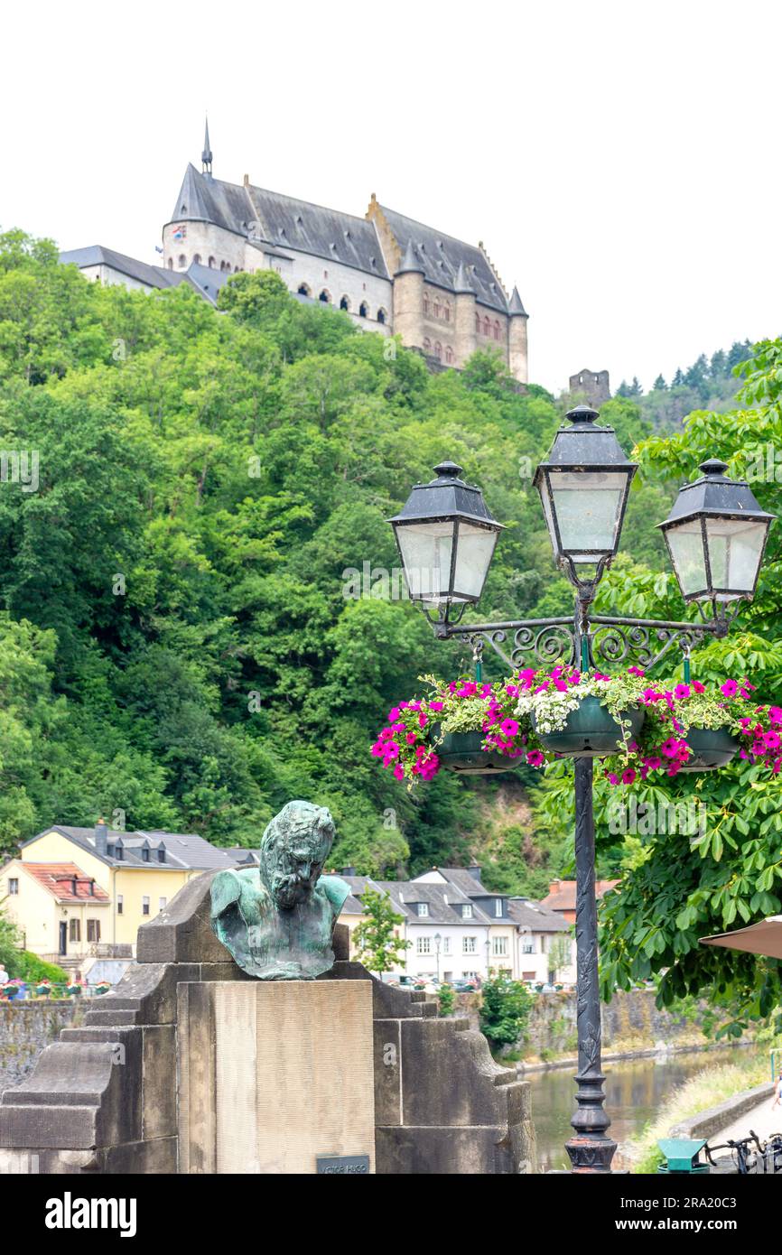 Vianden Castle and Monument de Victor Hugo, Vianden, Canton of Vianden, Luxembourg Stock Photo