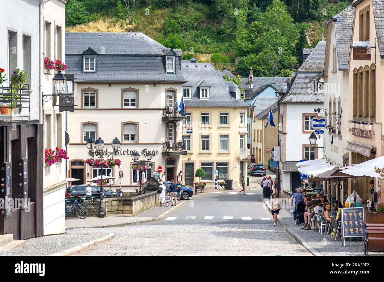 Town centre and Ourbrücke Bridge, Grand-Rue, Vianden, Canton of Vianden, Luxembourg Stock Photo