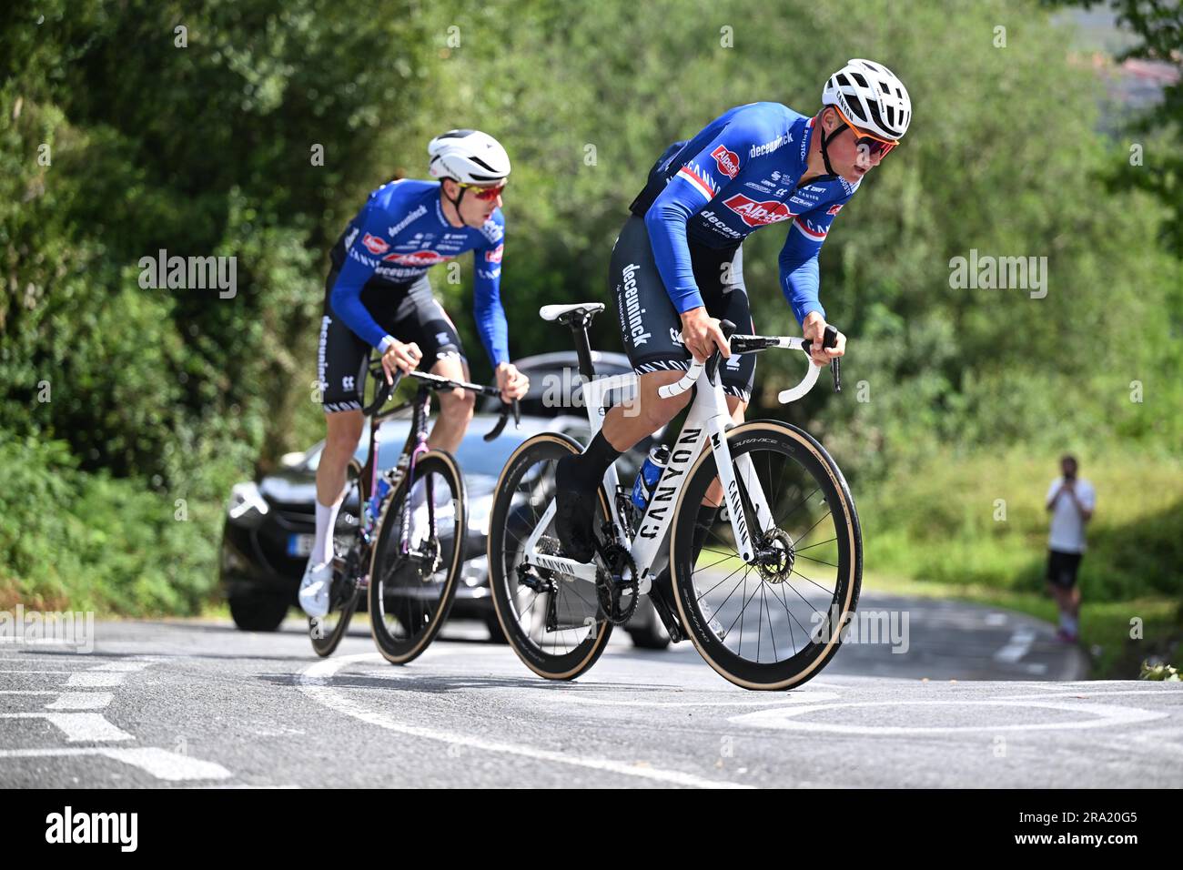 Bilbao, Denmark. 30th June, 2023. Bilbao, Spain, Friday 30 June 2023. Dutch Mathieu van der Poel of Alpecin-Deceuninck (R) pictured in action during a training session for the 110th edition of the Tour de France cycling race, in Bilbao, Spain, Friday 30 June 2023. This year's Tour de France takes place from 01 to 23 July 2023 and starts with three stages in Spain. BELGA PHOTO JASPER JACOBS Credit: Belga News Agency/Alamy Live News Stock Photo