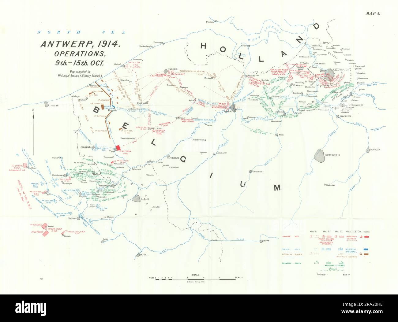 Battle of Antwerp, 1914. Operations, 9th-15th Oct. First World War. 1933 map Stock Photo