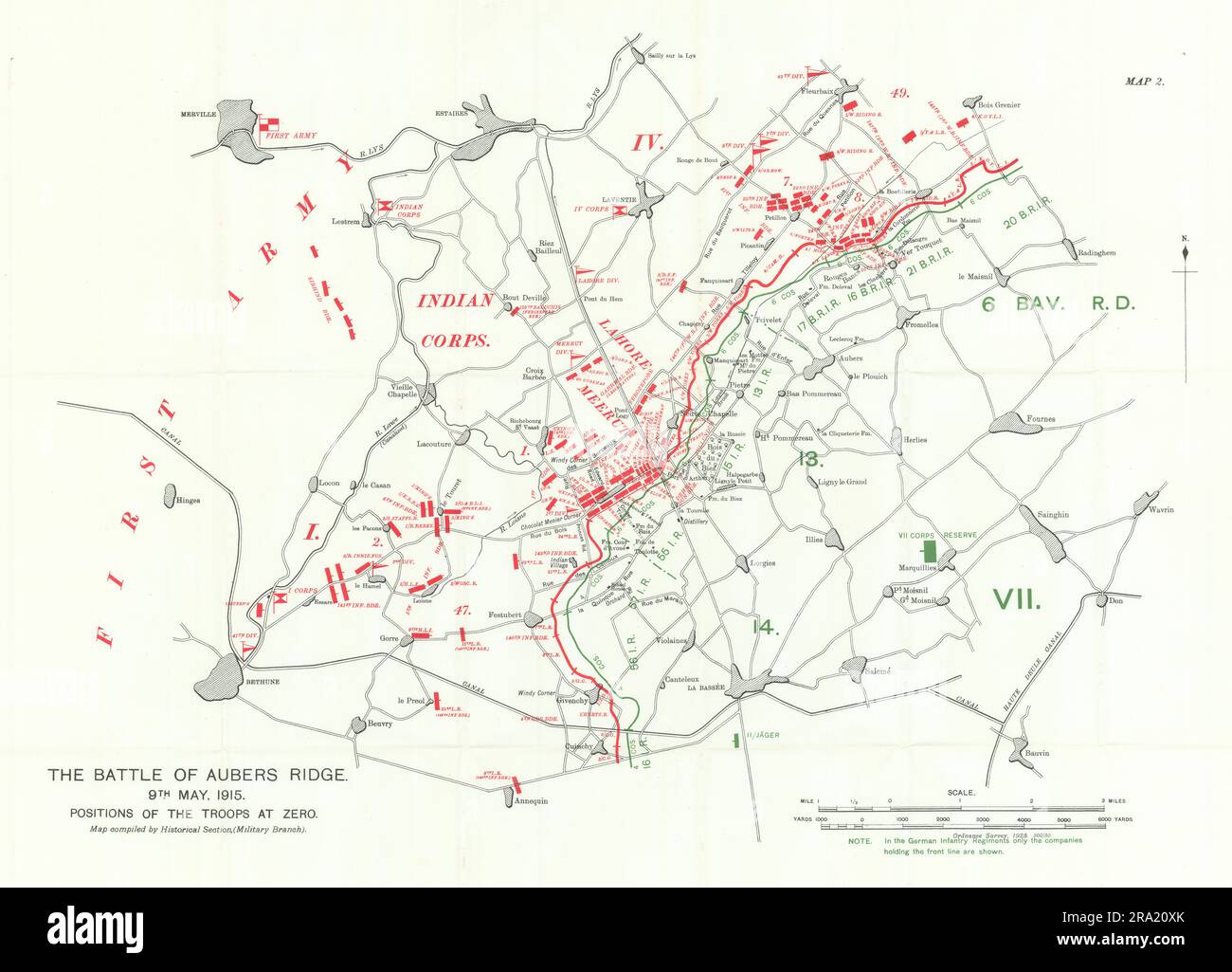 Battle of Aubers Ridge 9th May 1915. Positions of the Troops at Zero 1927 map Stock Photo