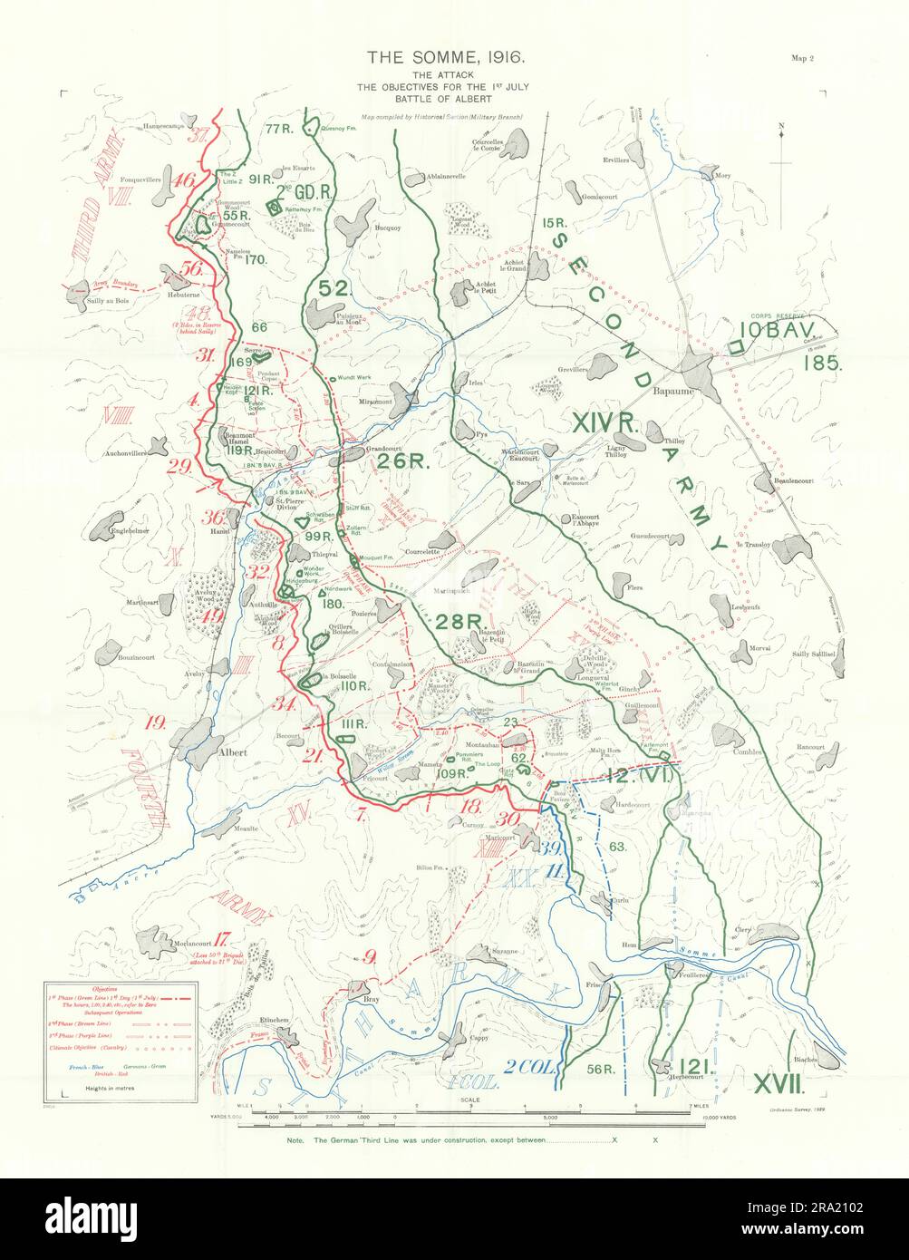 Somme, 1st July 1916. Attack & Objectives, Battle of Albert. Trenches 1932 map Stock Photo
