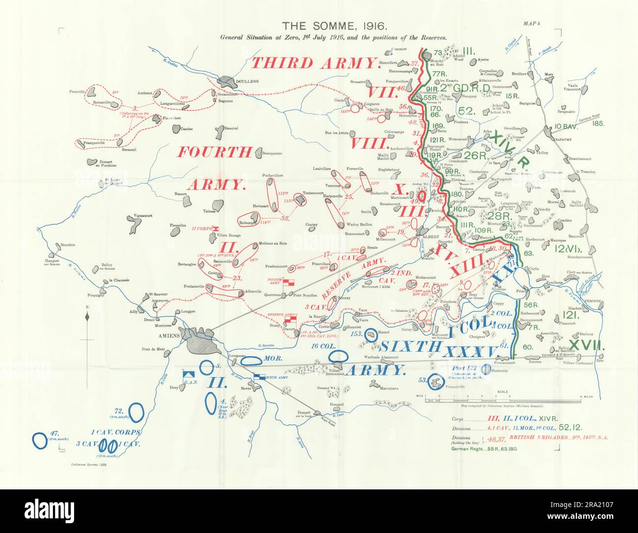 Somme, 1916. Situation at Zero, 1st July 1916 & Reserve positions 1932 old map Stock Photo