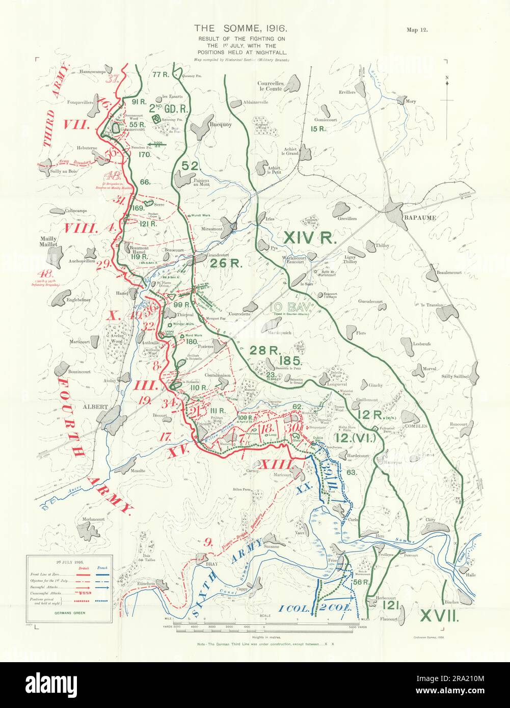 Somme, 1st July 1916. Positions at nightfall. WW1. Trenches 1932 old map Stock Photo