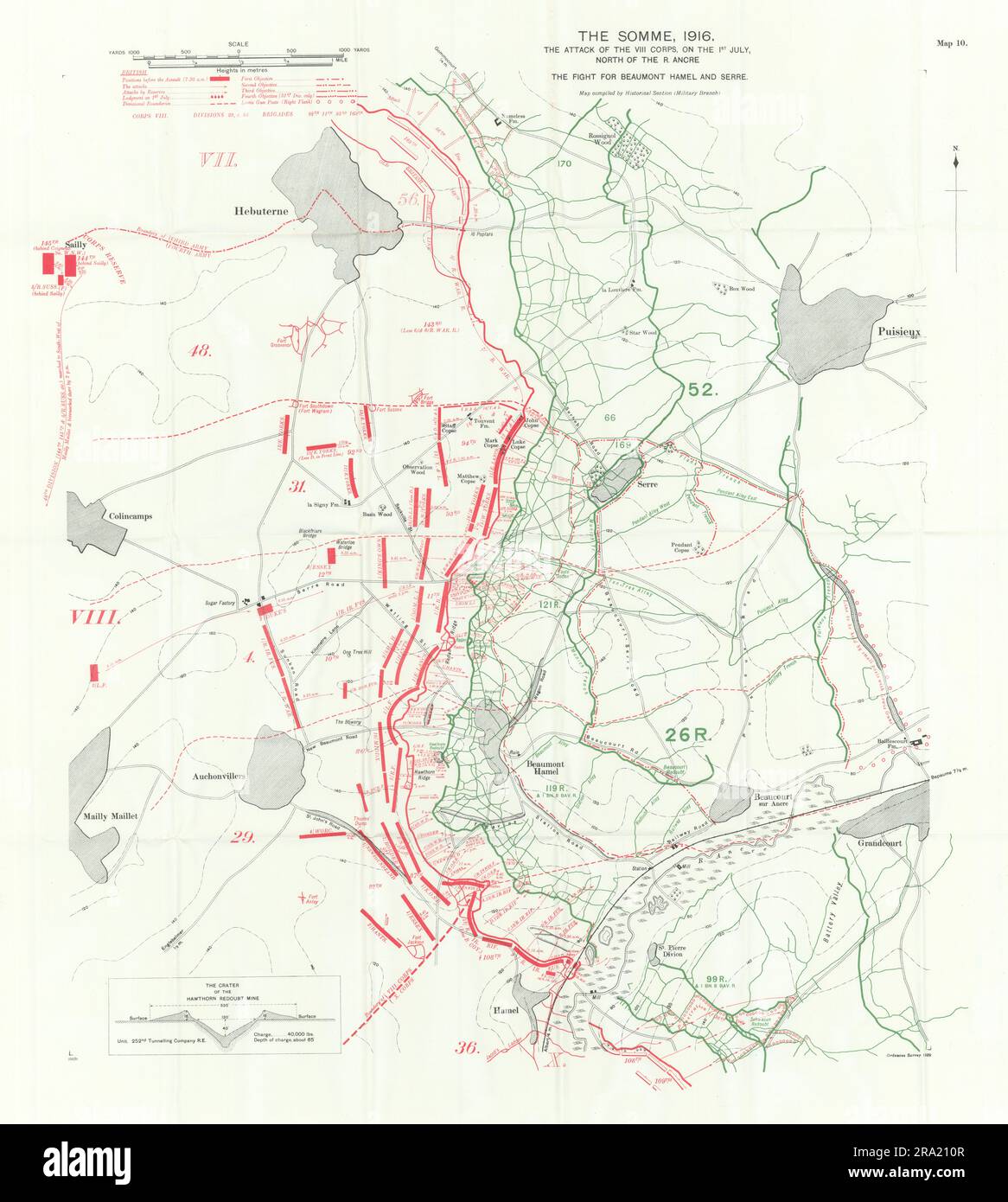 Somme. VIII Corps attack, 1st July 1916. Beaumont Hamel Serre. Trenches 1932 map Stock Photo