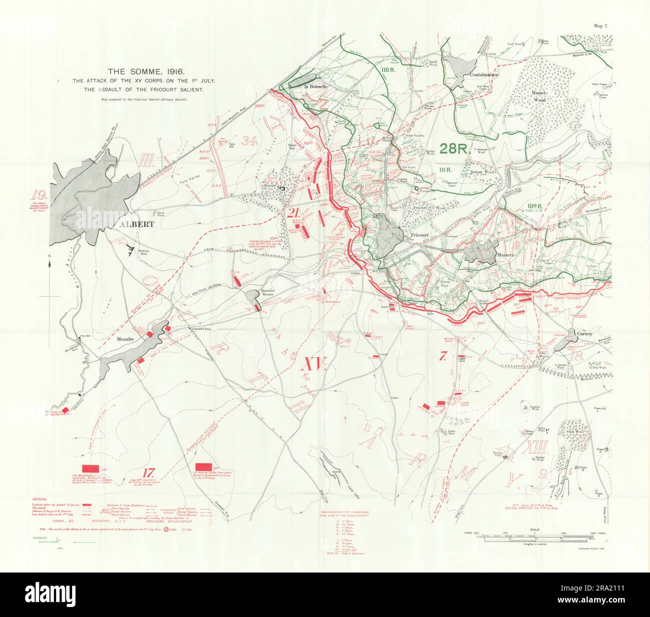 Somme. XV Corps attack 1st July 1916. Fricourt Salient assault trenches 1932 map Stock Photo