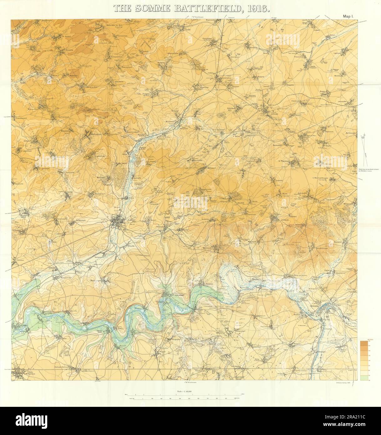 The Somme Battlefield, 1916. Battle of the Somme. First World War. 1932 map Stock Photo