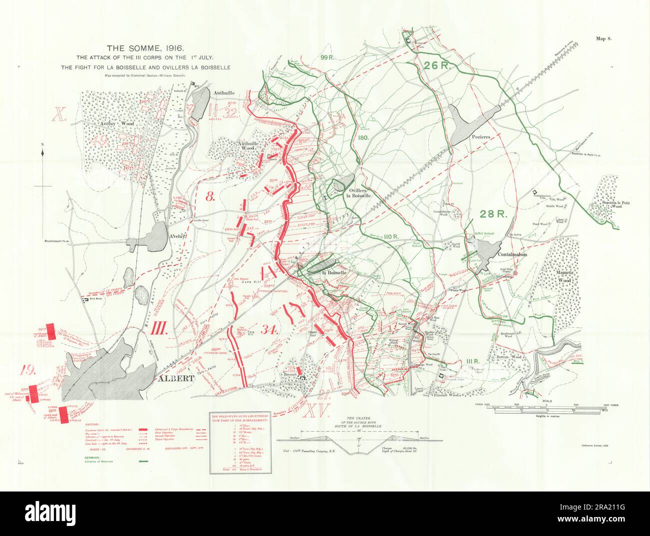Somme. II Corps attack 1st July 1916. La Boiselle & Ovillers. Trenches 1932 map Stock Photo