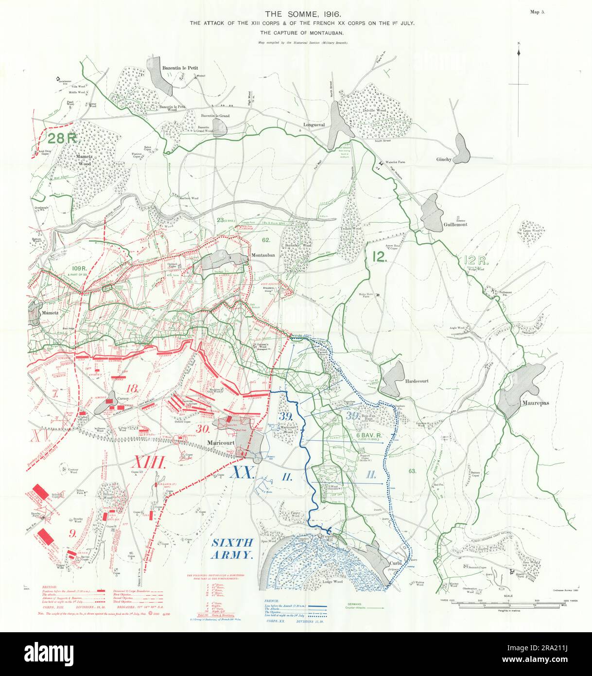 Somme 1st July 1916. XIII & French XXC Corps Mautauban capture Trenches 1932 map Stock Photo