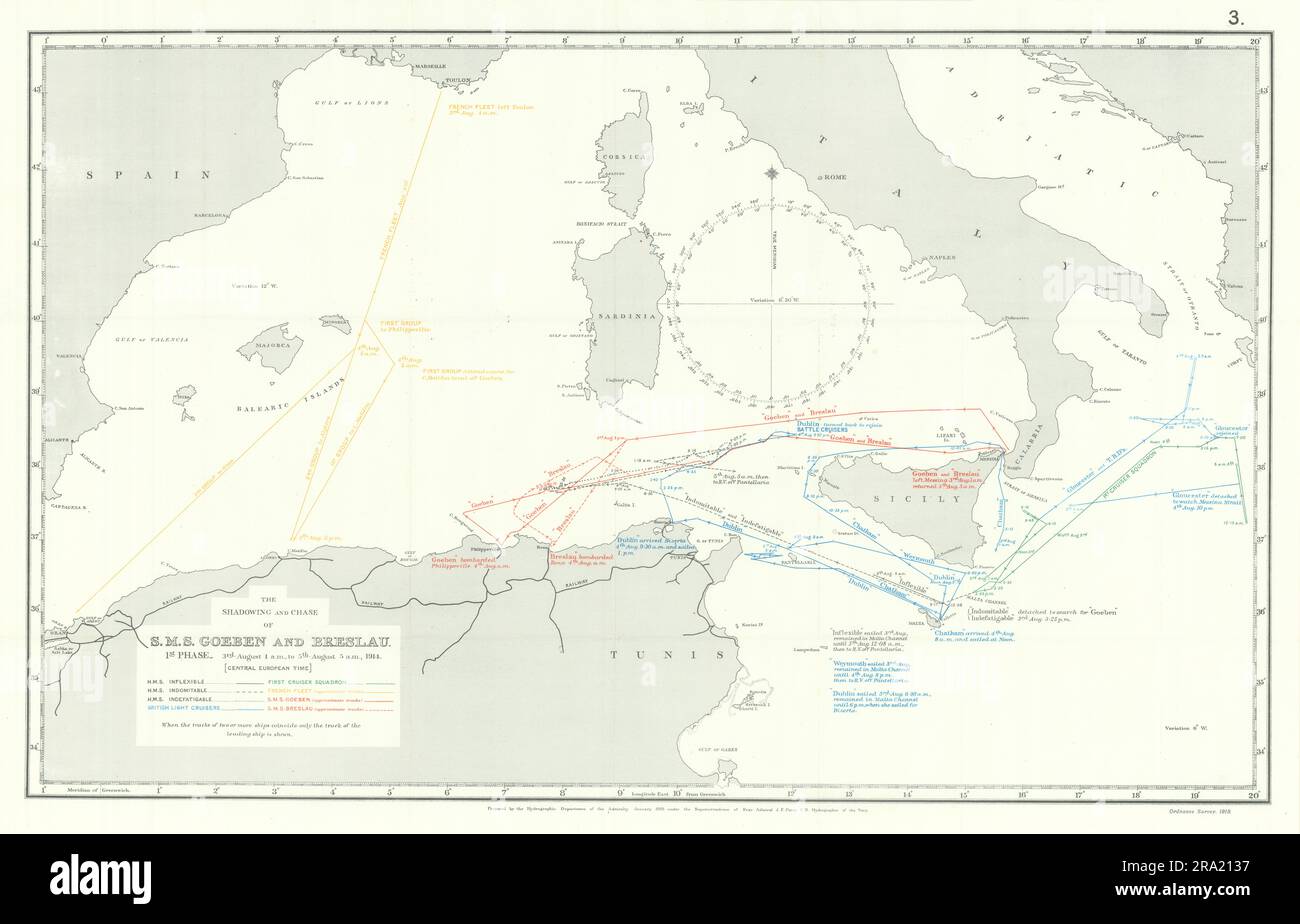 Pursuit of SMS Goeben & Breslau. 3-5th August 1914. First World War. 1920 map Stock Photo