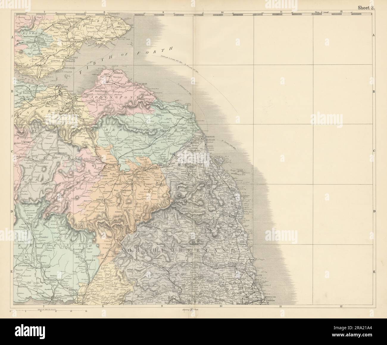 Northumberland & Scottish Borders. Lothian Edinburgh Newcastle. BACON 1883 map Stock Photo