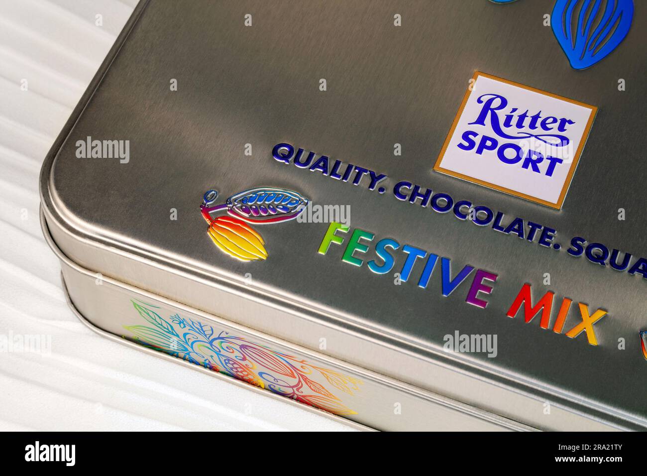 Ho Chi Minh City, Vietnam - June 16, 2023: Metal gift box of mixed chocolates with Ritter Sport logo. Delicious candy of a popular brand in a big tin - Stock Image
