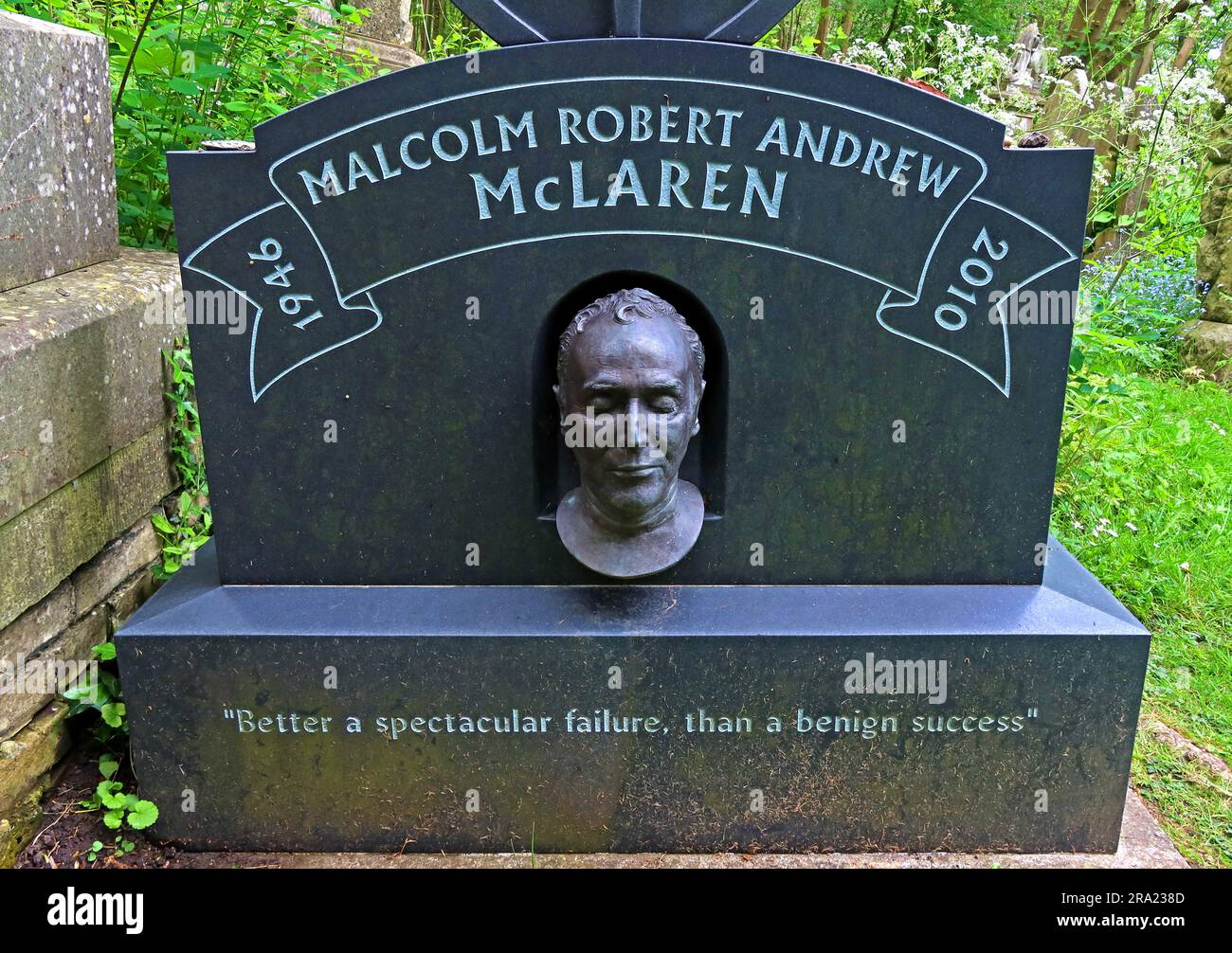 Grave and headstone of Malcolm McLaren, Sex Pistols manager, Highgate Cemetery, east side, North London, England, UK, N6 6PJ Stock Photo