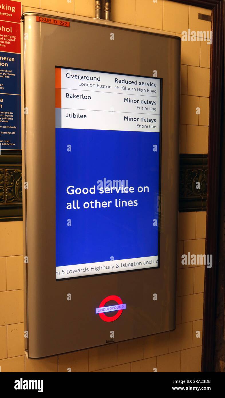 London Underground service information display at Hampstead tube station showing line status updates and service conditions - Good Service Stock Photo