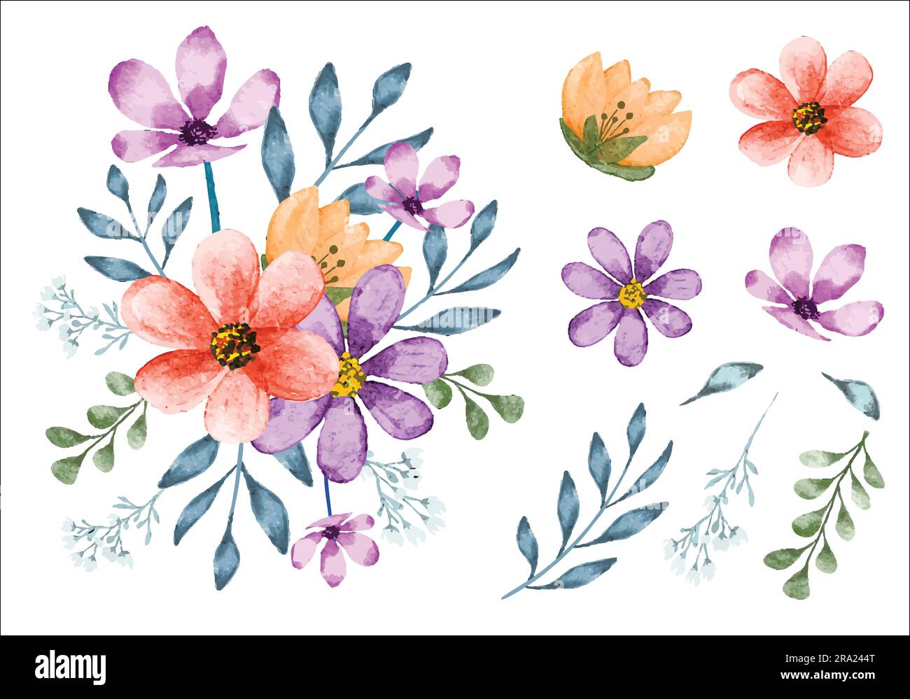 Watercolor flower bouquet with isolated leaves for floral border and invitation card Stock Vector