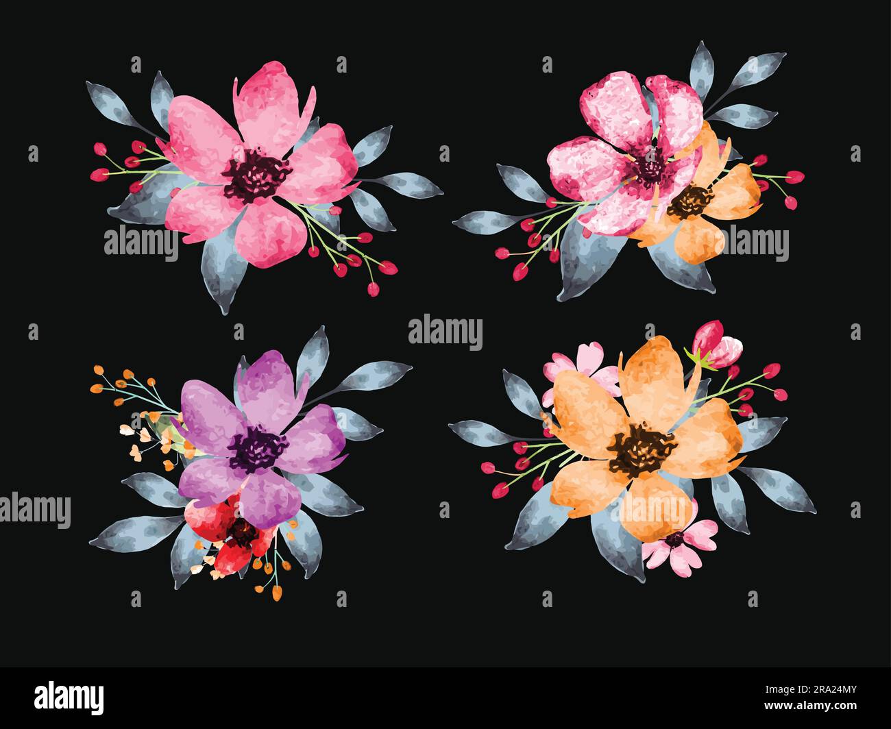Collection of pastel watercolor spring floral arrangement bouquet Stock Vector