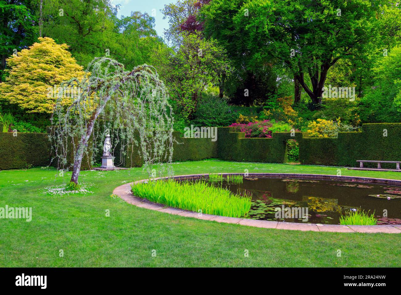 The peaceful tranquiity of the still waters inthe circular Pool Garden at Knightshayes Court, nr Tiverton, Devon, England, UK Stock Photo