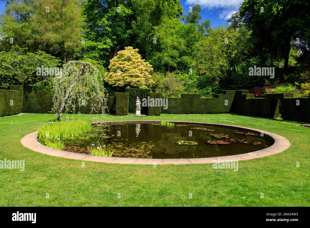 The peaceful tranquiity of the still waters inthe circular Pool Garden at Knightshayes Court, nr Tiverton, Devon, England, UK Stock Photo