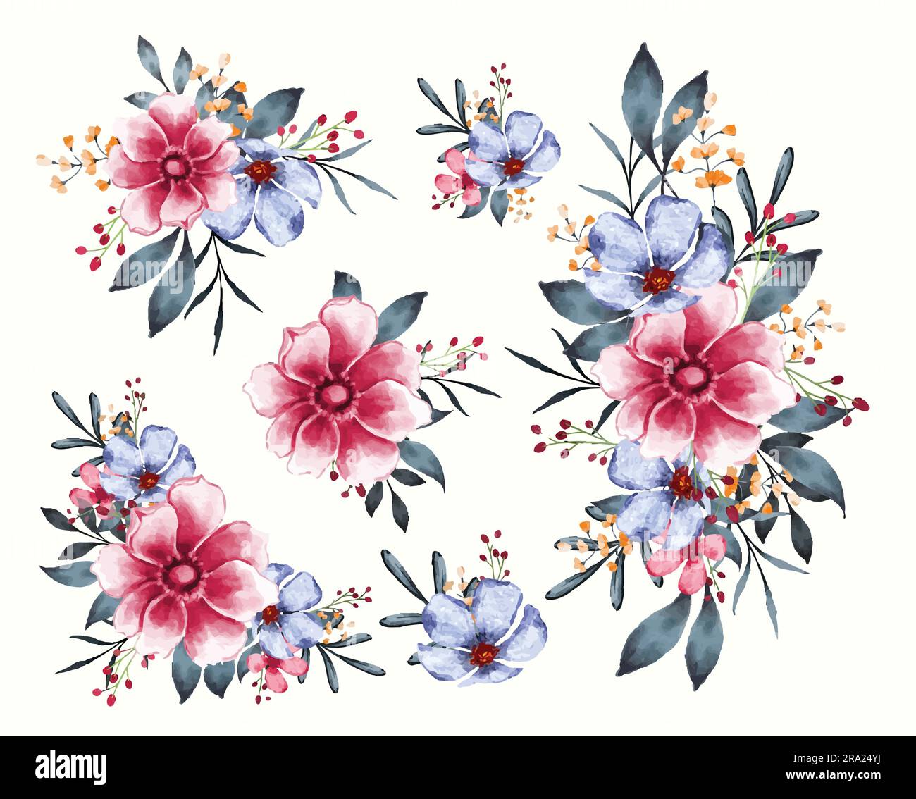 Watercolor flower border bouquet in vintage style Stock Vector
