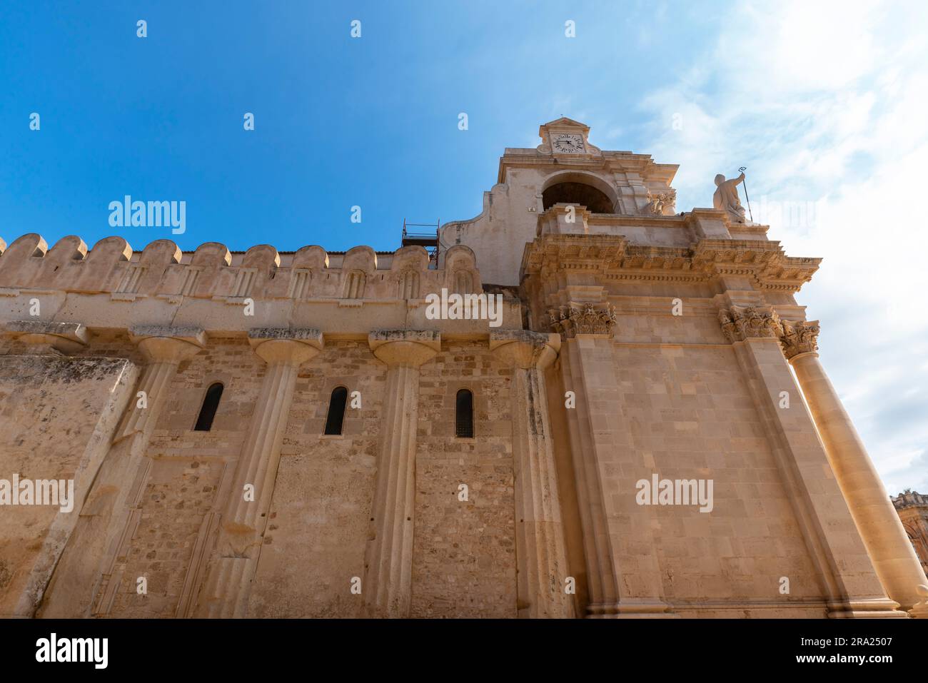 Remains of Greek doric temple incorporated into the wall of the Cathedral of Syracuse (Duomo di Siracusa), formally the Cattedrale metropolitana della Stock Photo