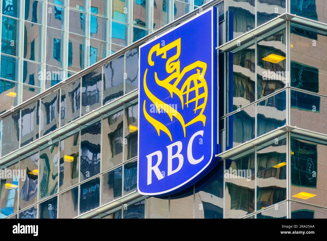 Logo, sign, or business design of the Royal Bank of Canada. The RBC is the largest financial institution in the country. Stock Photo