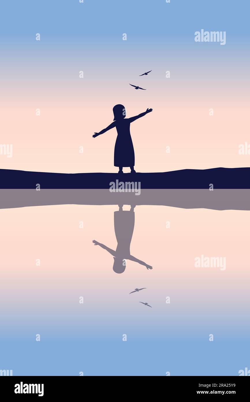 happy little girl dream about flying with birds by the lake at sunset ...