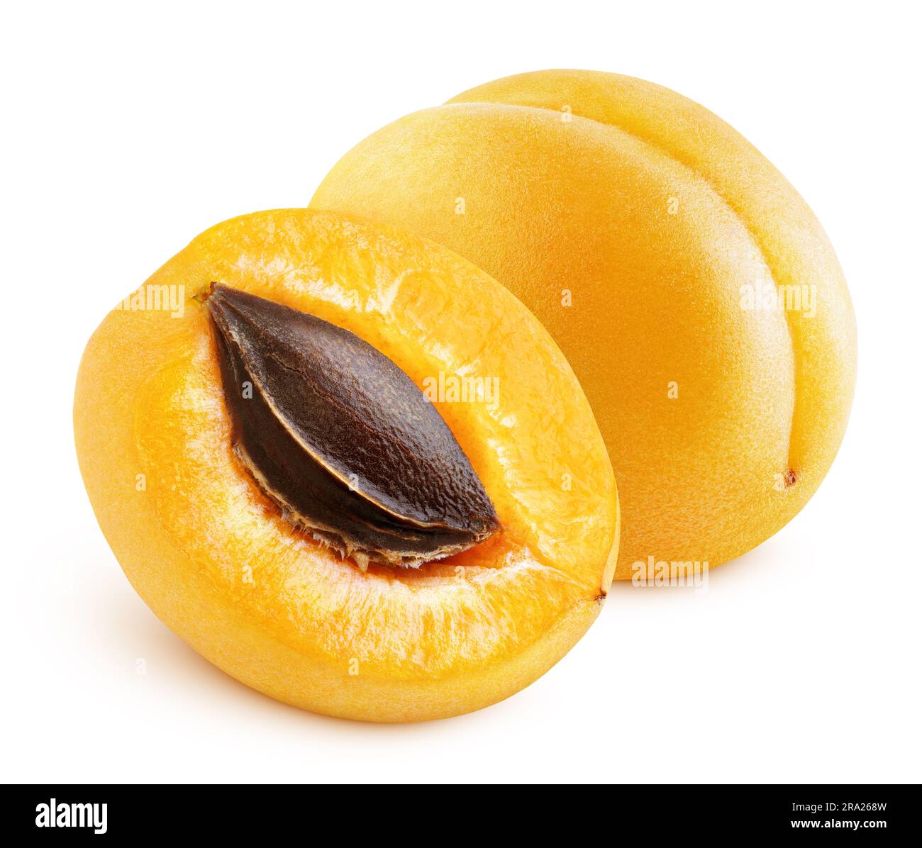 Plum Kernel Apricot or yellow plum and half with kernel isolated on white ...