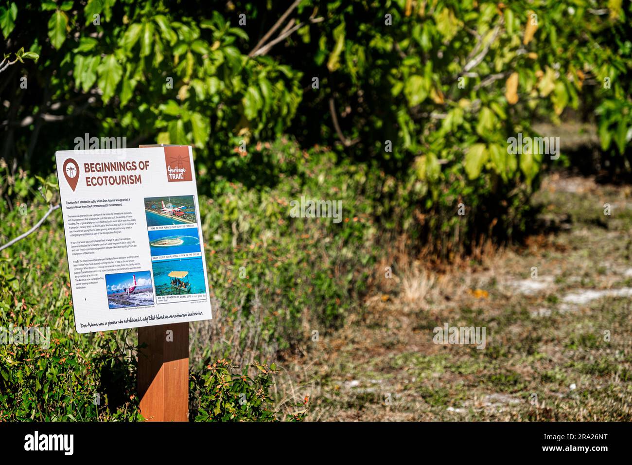 Sign displaying information on revegetation project, Lady Elliot Island, Queensland, Australia Stock Photo