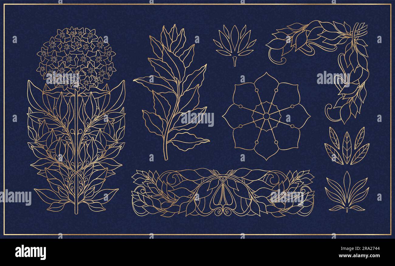 Floral bay leaf in art nouveau 19201930. Hand drawn in a linear art