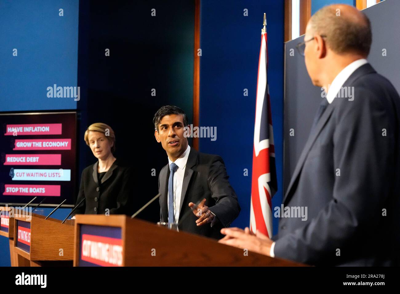 Chief Executive of NHS England, Amanda Pritchard, Prime Minister Rishi Sunak and National Medical Director of NHS England, Professor Stephen Powis, during a press conference in Downing Street in London, as the NHS and Government launch the first ever Long Term Workforce Plan in the history of the NHS. Picture date: Friday June 30, 2023. Stock Photo