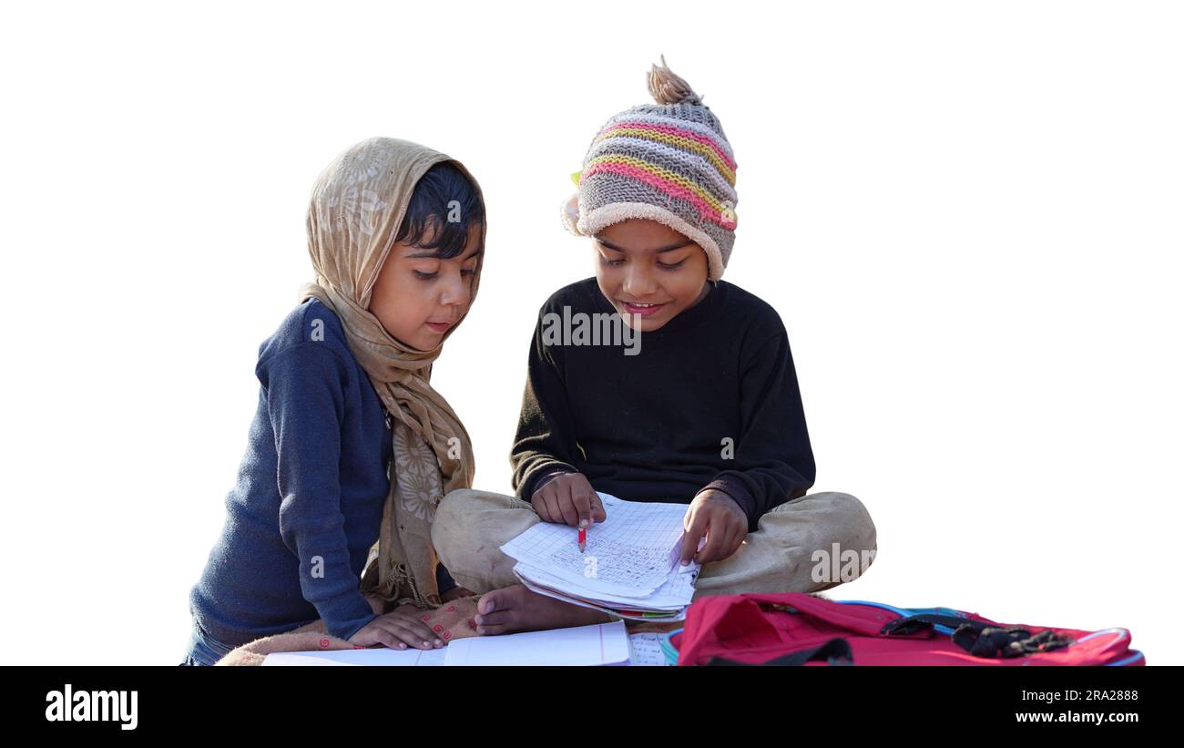 Enjoying his learning experience. Two schoolboys doing their schoolwork in the white background. Stock Photo