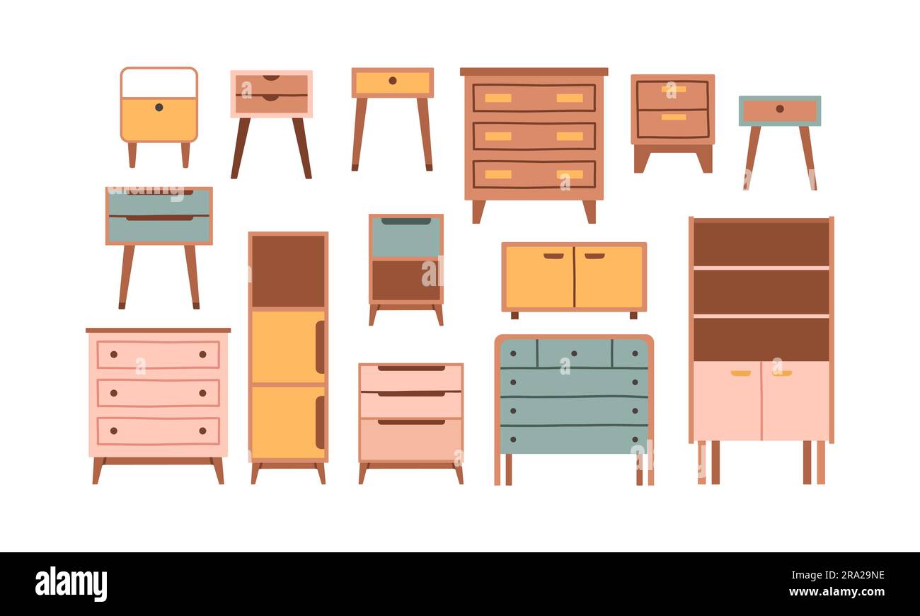 Chest of drawers, bedside table set. Vector commode. Furniture icon in ...