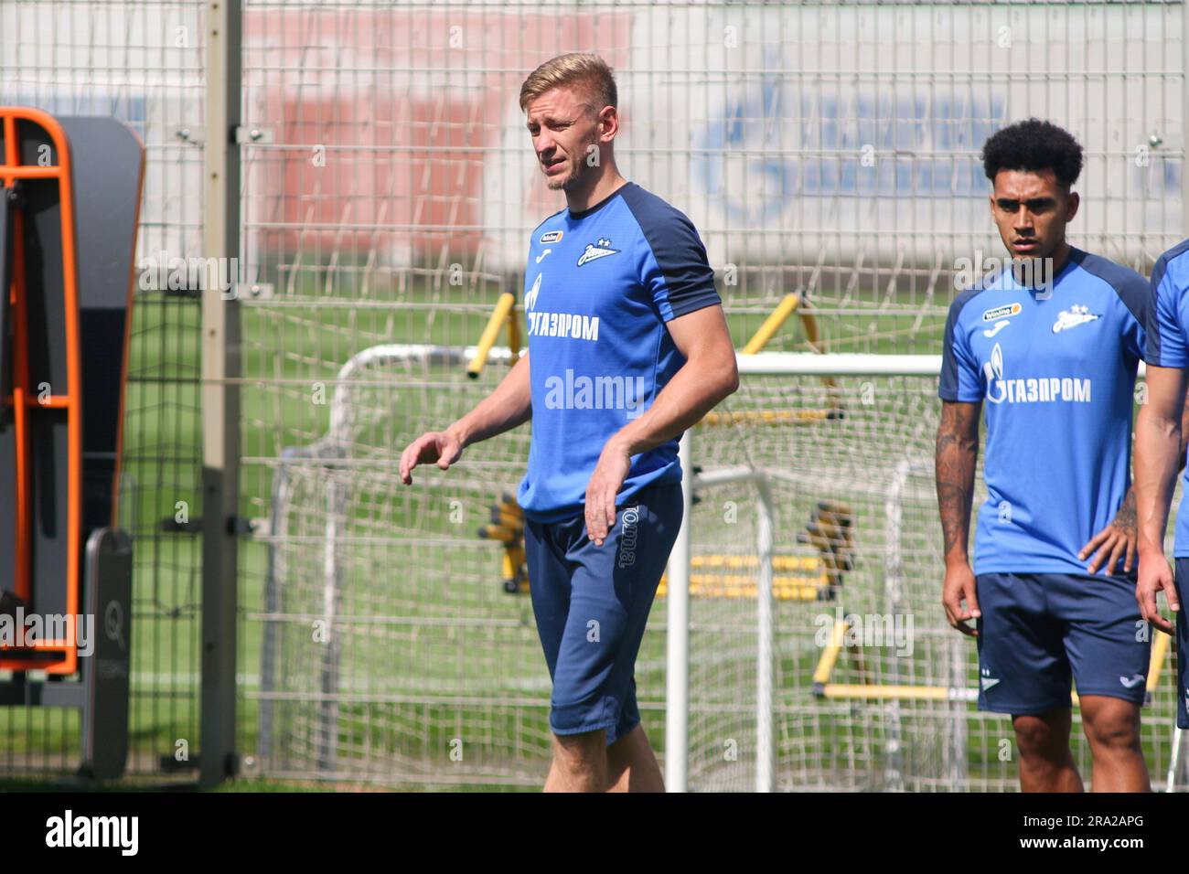 Saint Petersburg, Russia. 30th June, 2023. Dmitri Chistyakov (C) of Zenit Football Club warms up during the training session at Gazprom Training Centre before the international football tournament, the Pari Premier Cup. Credit: SOPA Images Limited/Alamy Live News Stock Photo