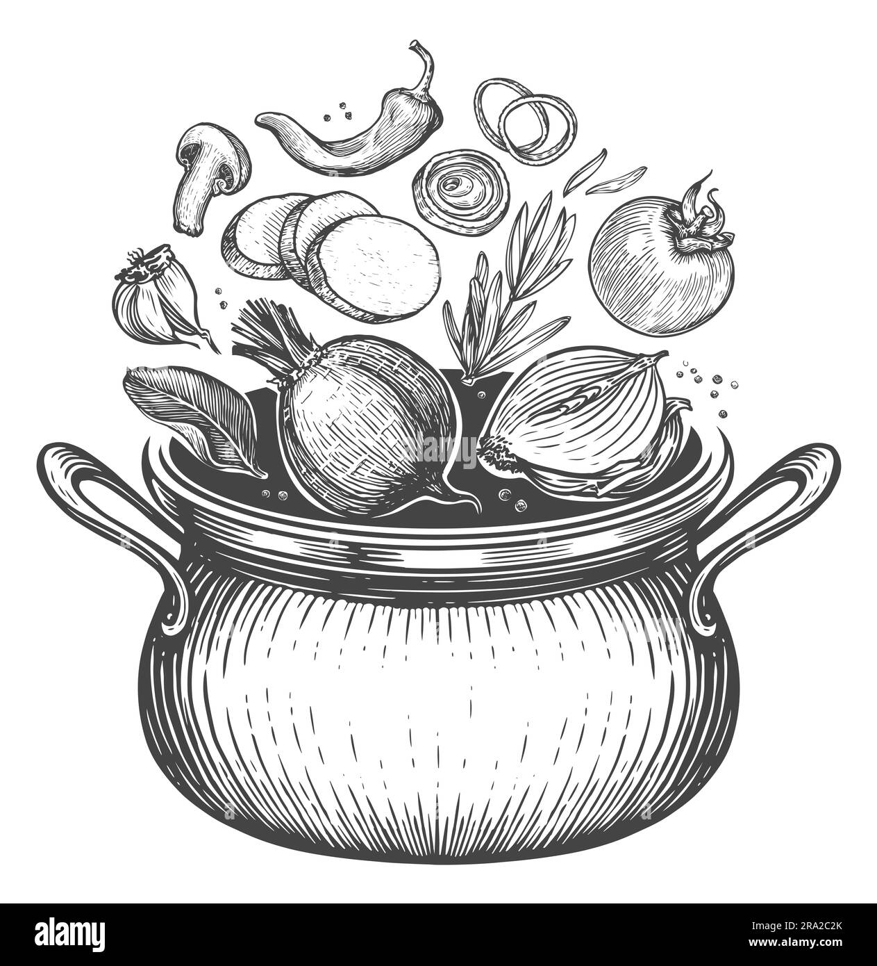 Vegetables falling into pot. Healthy eating, vegetarian food and proper diet. Home kitchen sketch illustration Stock Photo