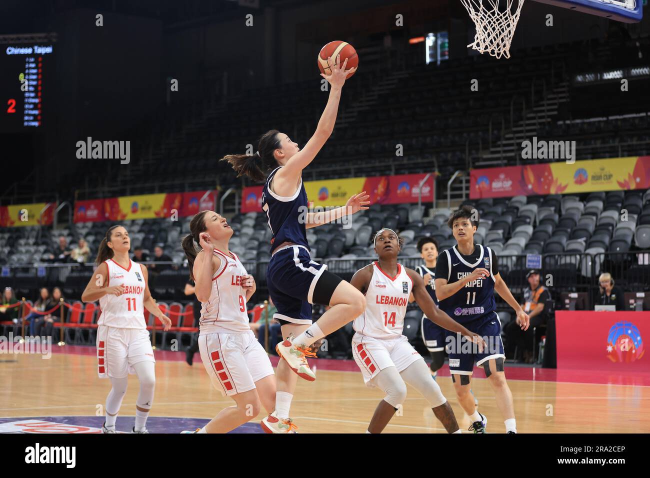 The Quaycentre, Sydney Olympic Park, Sydney, NSW, Australia: 30th June 2023; FIBA Womens Asia Cup 2023, Lebanon versus Chinese Taipei; Ling-Chuan Huang of Chinese Taipei leaps to the basket and scores two points Stock Photo