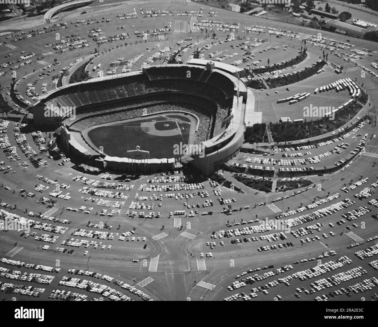 Aerial shot of the Los Angeles Dodgers baseball stadium showing the massive parking lot around the stadium Stock Photo