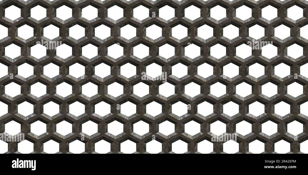 Seamless perforated hexagon metal catwalk texture isolated on white background. Tileable rough grungy silver grey industrial steel honeycomb floor gra Stock Photo